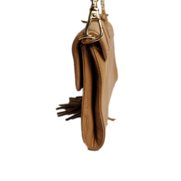 Clutch Handbag removable shoulder strap tassel Leather Tan Gold color C WONDER - Picture 6 of 13